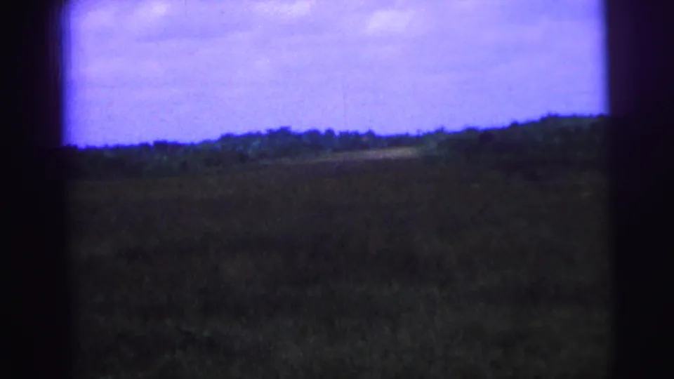1967 Brazil 8mm landscape frame with a broad grassy field, low horizon, distant trees, and dark gate edges.