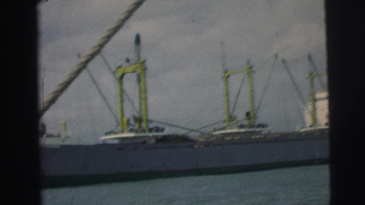 Side view of a cargo ship with yellow cranes, water below, and rigging in front.
