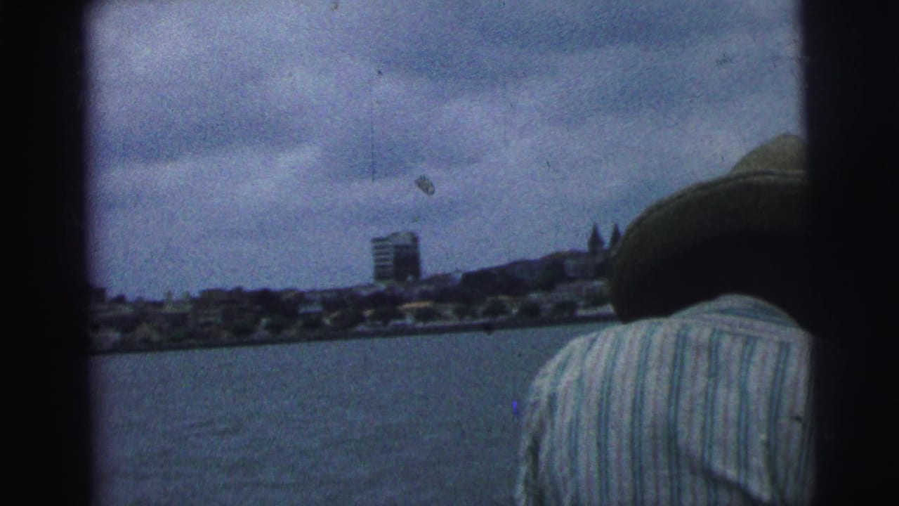 Person in a striped shirt and wide-brimmed hat looks across water toward a distant shoreline.
