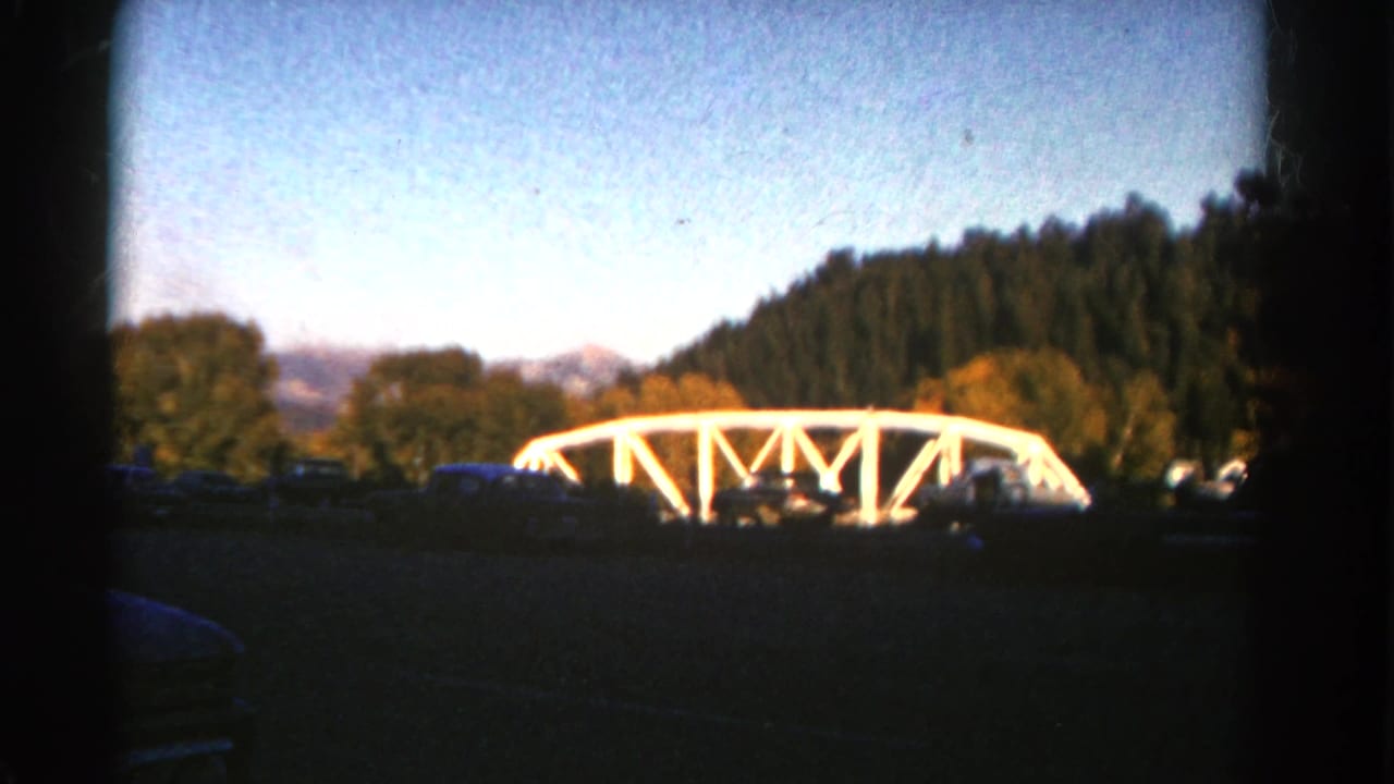 White truss bridge seen beyond dark foreground, trees, and distant mountains.