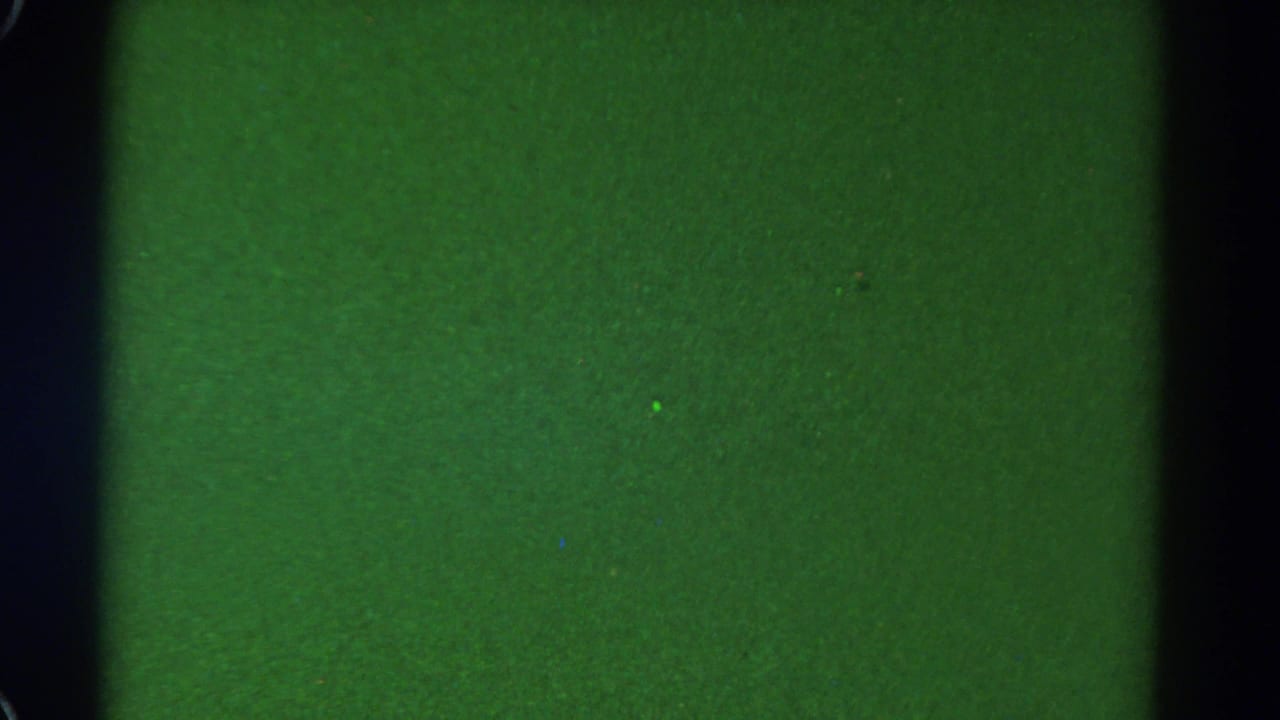 1967 Colorado 8mm frame with a solid green surface, black vertical borders, soft grain, and minor speckling.