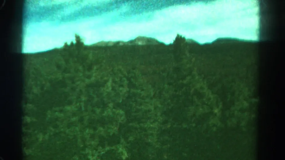 Moving train-window view of Colorado forest and low hills, with saturated green 8mm color and soft grain.