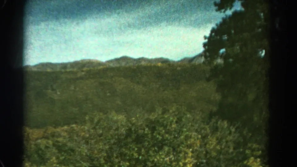 1967 Colorado 8mm frame showing scrubby vegetation, low hills, distant mountains, and a dark tree silhouette along the right side.