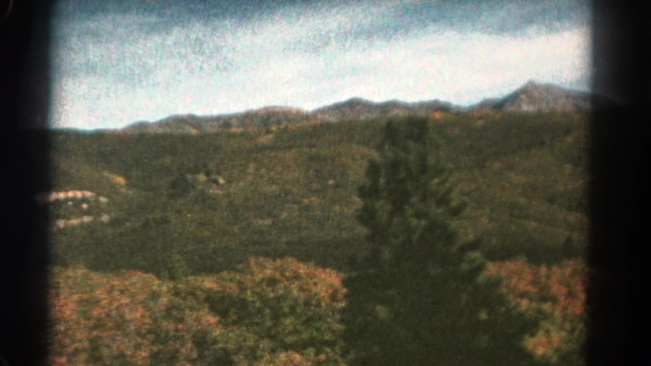 1967 8mm home-movie view of Colorado wooded slopes and distant mountain ridges seen through soft grain and dark gate borders.