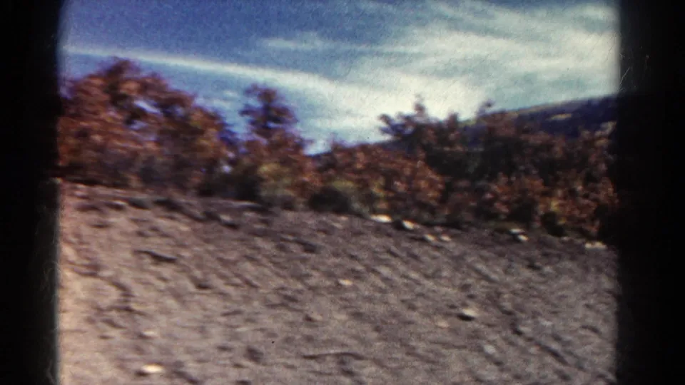 1967 Colorado 8mm frame with a rocky dirt road foreground, roadside shrubs, scattered trees, distant hill, and pronounced film gate borders.