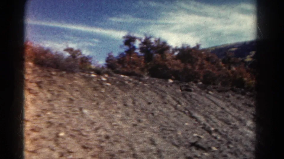 1967 Colorado home-movie frame of a dirt roadside with low autumn brush, dark evergreens, a distant hillside, pale sky, and 8mm edge wear.