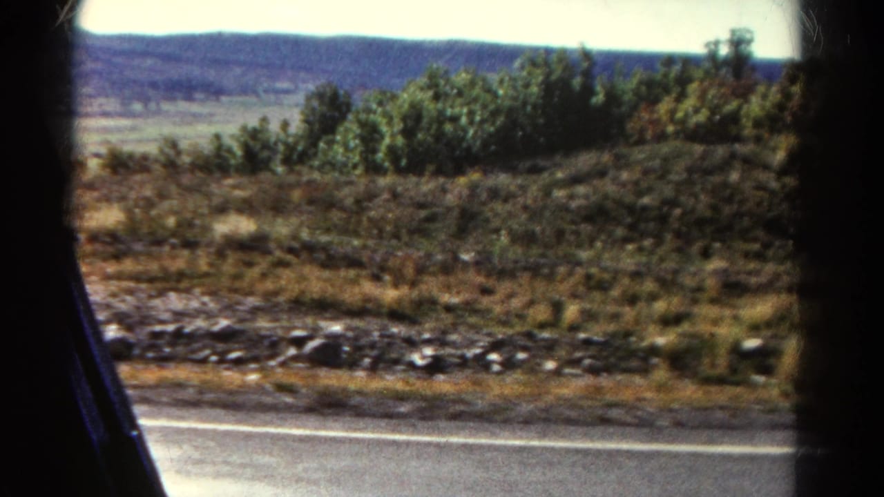 Rural roadside with dry grass, shrubs, distant ridge, and dark car-window edges.