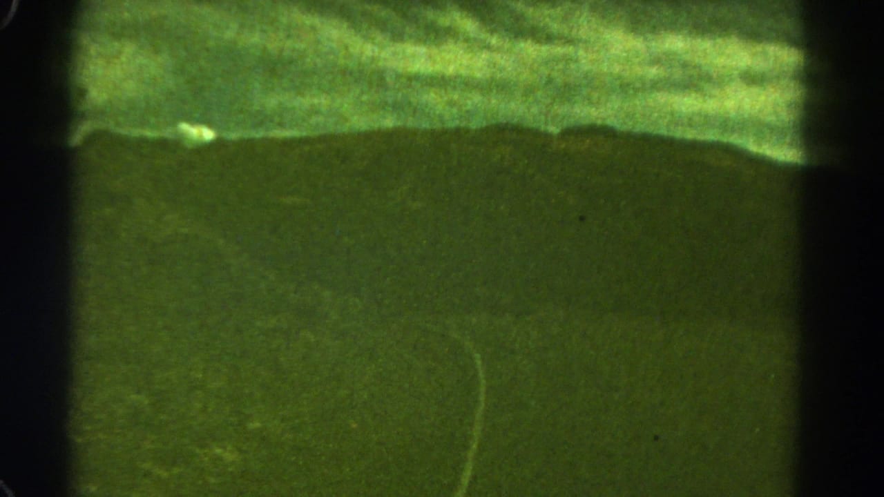 Green-cast 1967 Colorado mountain view with a dark ridge line, cloud bands, film grain, and a visible vertical gate edge.
