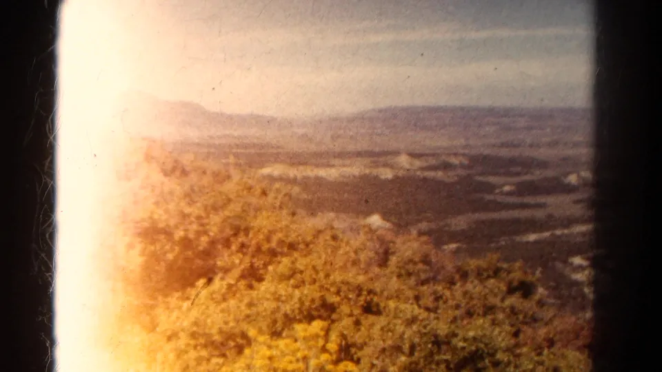 1967 Colorado home-movie frame with strong left-side exposure flare over hillside plants and a distant river valley panorama.