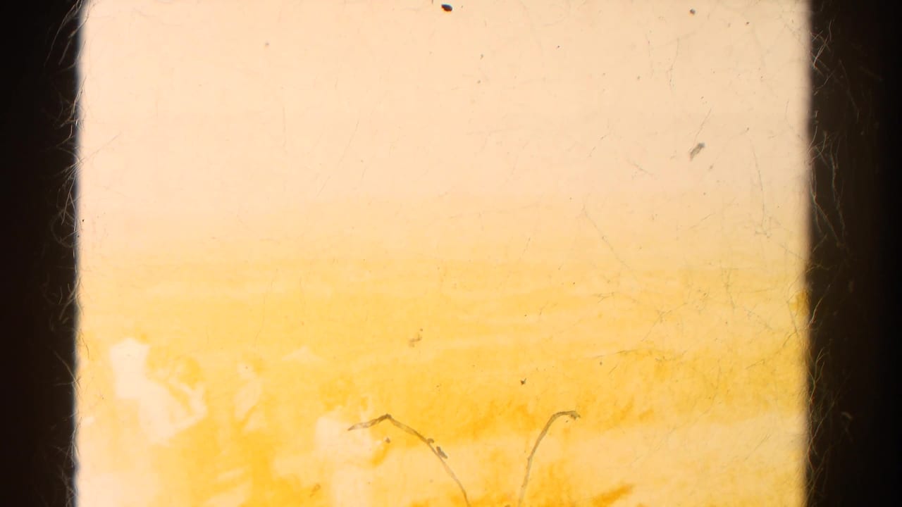 Overexposed film frame with dark center gate edge and faint yellow texture.