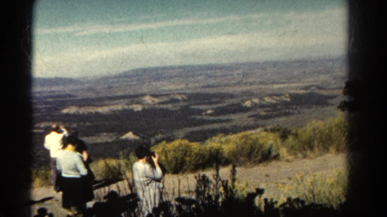 Tourists stand at a scenic overlook while a woman photographs distant mesas.