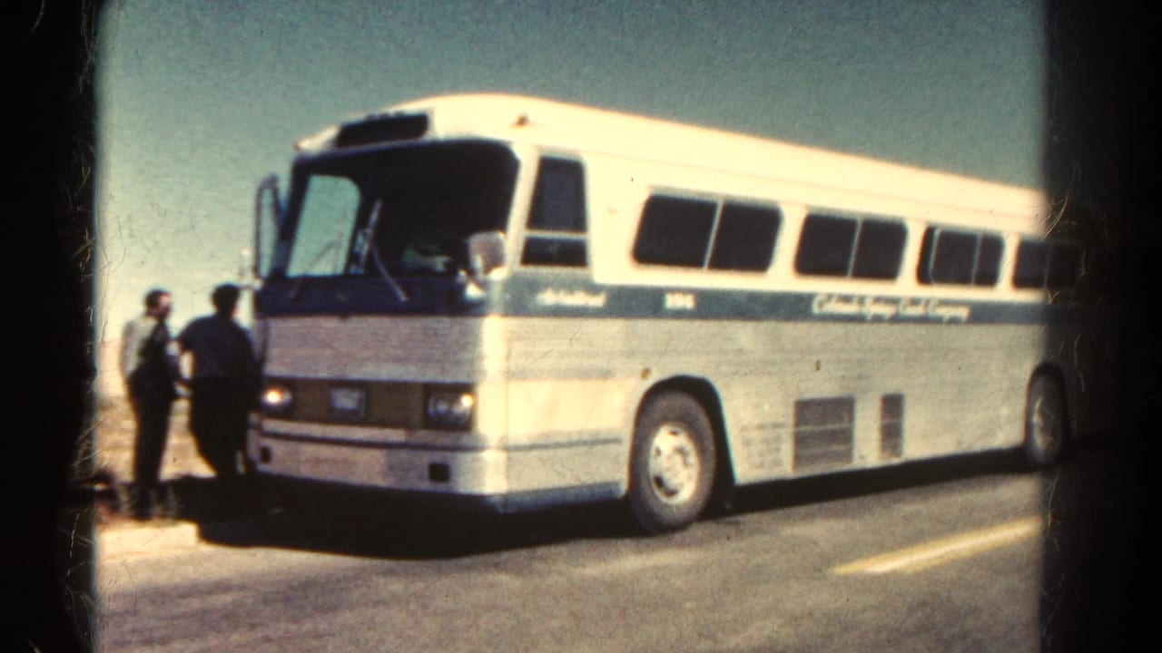 White-and-blue coach bus stopped beside two adults on a roadside.