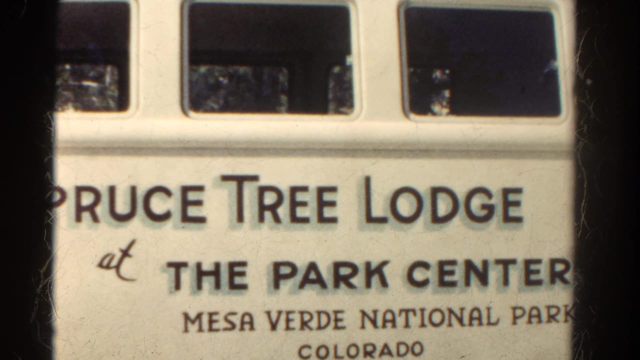 Close 1967 home-movie view of Pruce Tree Lodge at The Park Center signage in Mesa Verde National Park, Colorado.