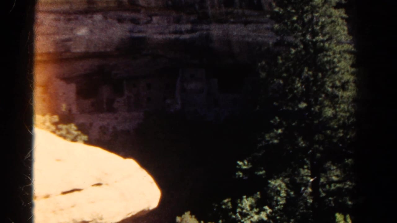 Pine trees stand before shadowed stone ruins in a rock alcove.