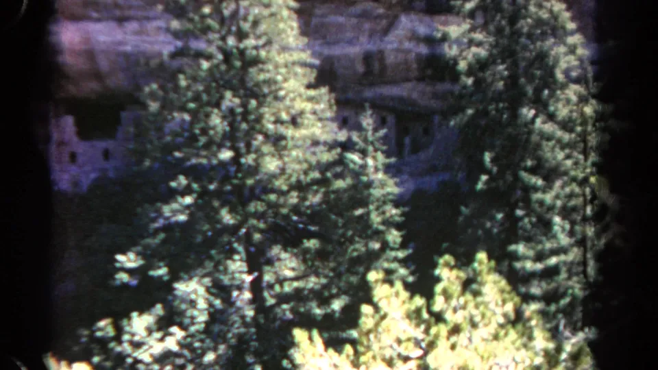 Mesa Verde cliff dwelling appears behind dense evergreens in a soft, grainy 1967 8mm travel frame.