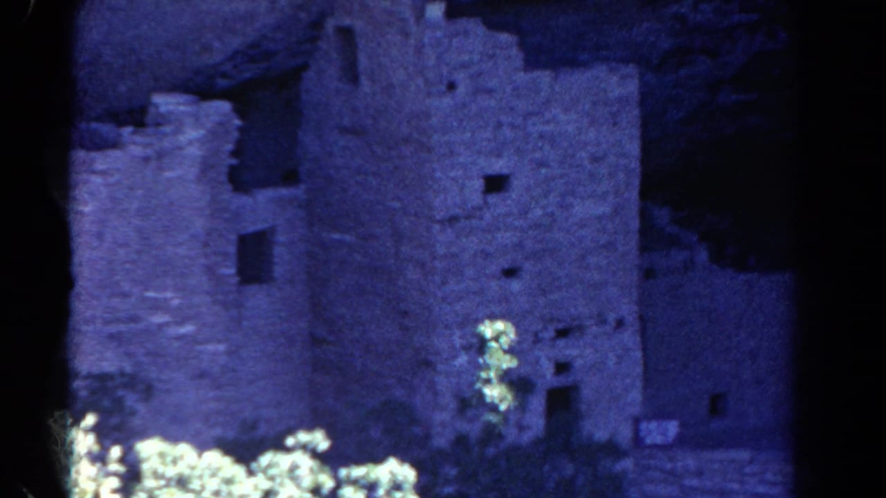 Tall stone ruin with dark window openings and bushes in front.