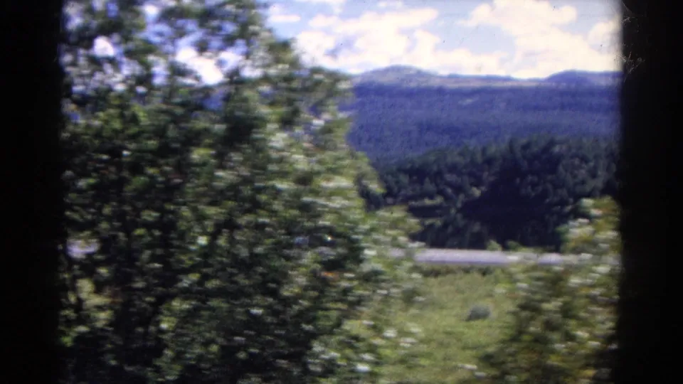 Moving train-window view in Colorado with blurred roadside trees, a highway segment, forested slopes, and distant mountains.