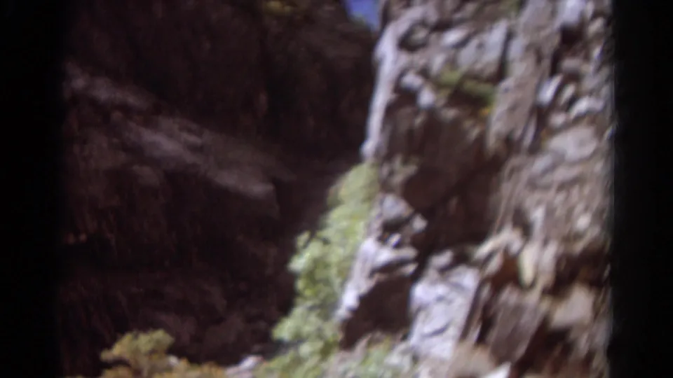 1967 Colorado 8mm frame with handheld blur across rock formations, green shrubs, grass, and a dark canyon wall.