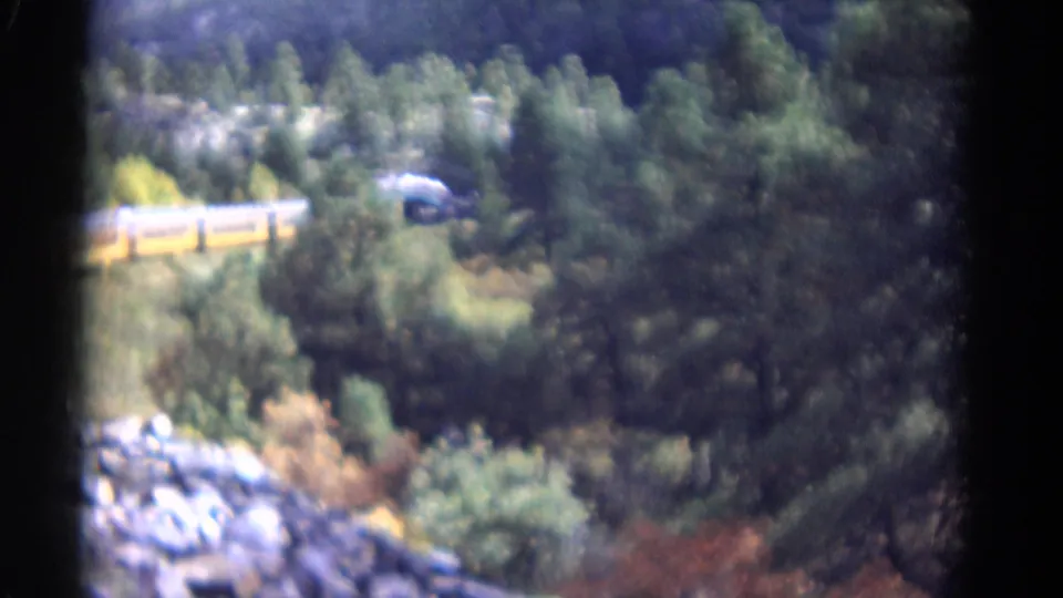 The train continues along the wooded Colorado canyon, with yellow cars and a darker car visible through the trees.