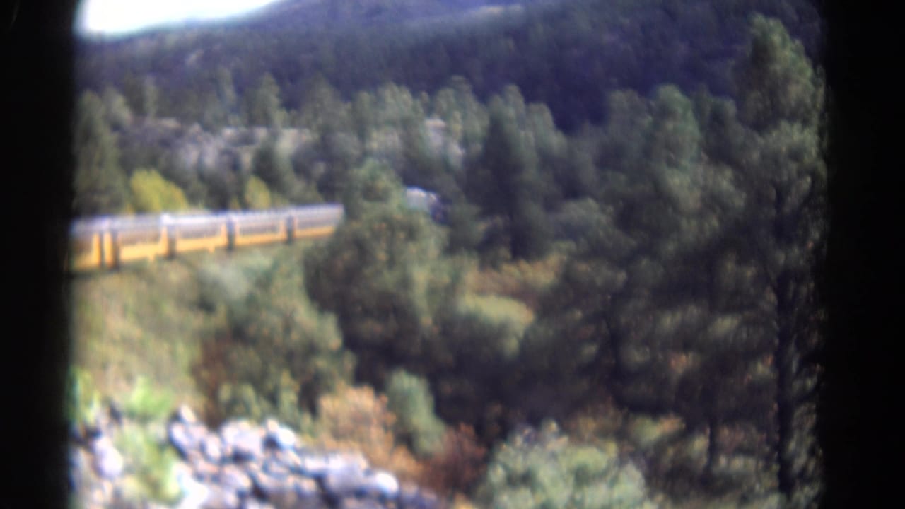 The yellow train continues along a wooded Colorado mountain route, with the lead car partly visible through soft 8mm focus.
