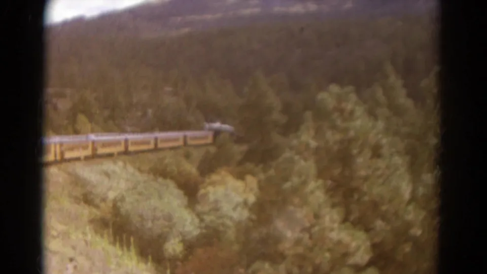 The train appears farther along the mountain curve, with a pale plume near the lead car and trees filling the Colorado landscape.
