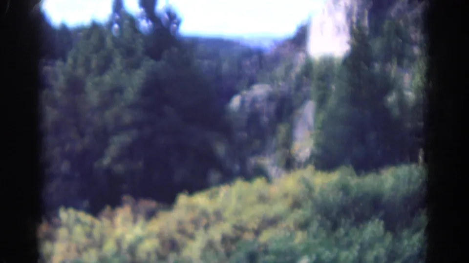 Soft 8mm Colorado mountain view with dense trees, pale rock faces and brush in the foreground.