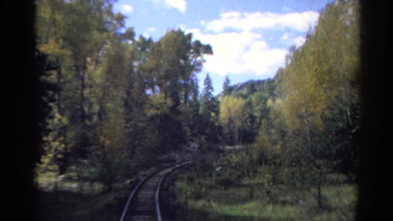 Curving train tracks recede through a wooded valley under a partly cloudy sky.