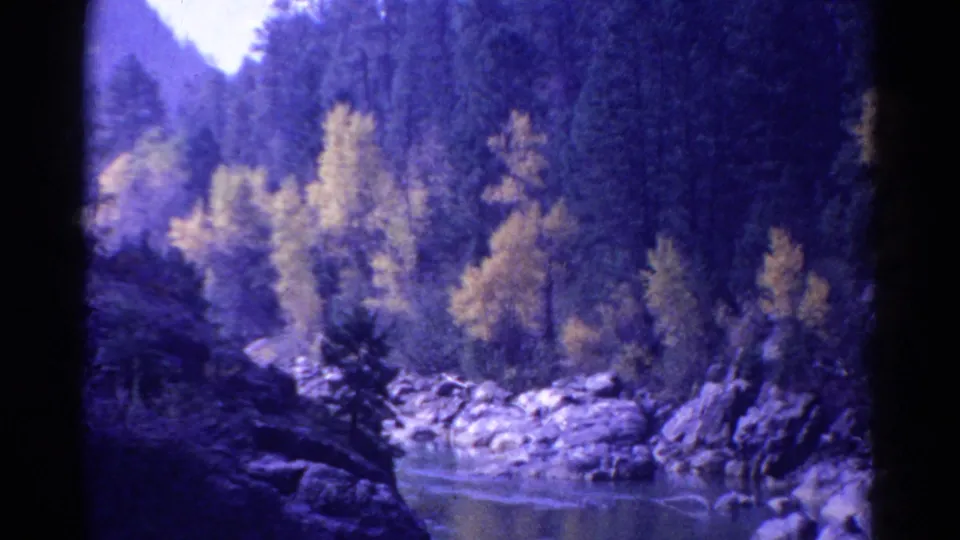 1967 Colorado home-movie frame of a rocky riverbank framed by yellow autumn trees, evergreens, and a wooded valley slope.