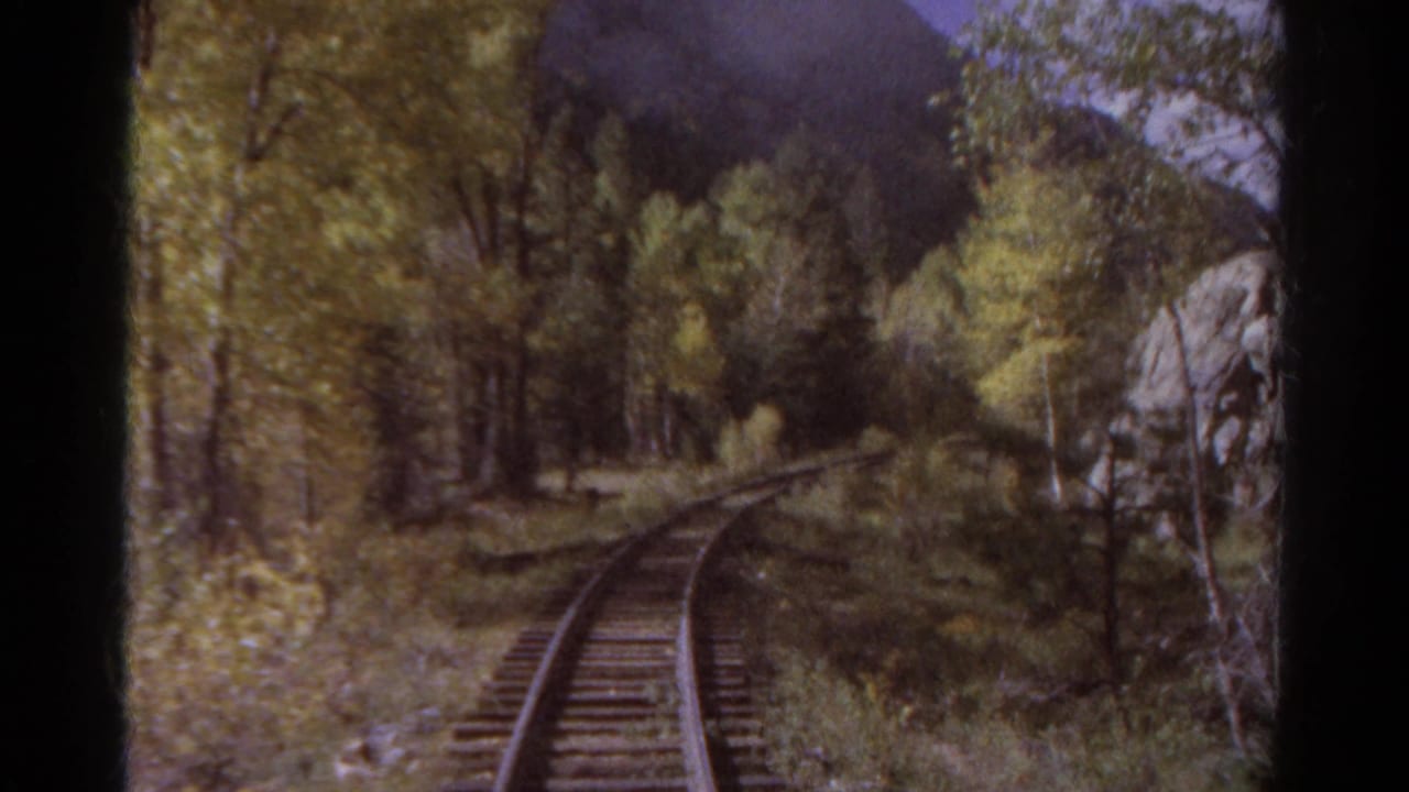 Curving railway track running through trees toward mountain shadows.