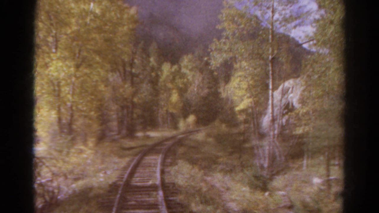 Railway track bends through autumn trees with a pale rock face nearby.