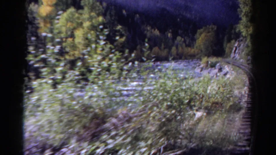 1967 Colorado 8mm frame from a moving train, with foreground vegetation crossing the view of rapids and rail line.