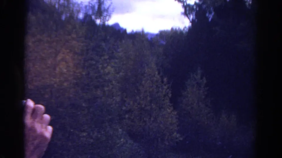 1967 Colorado 8mm frame of dark forested hills and trees, with a hand briefly entering the lower-left edge.