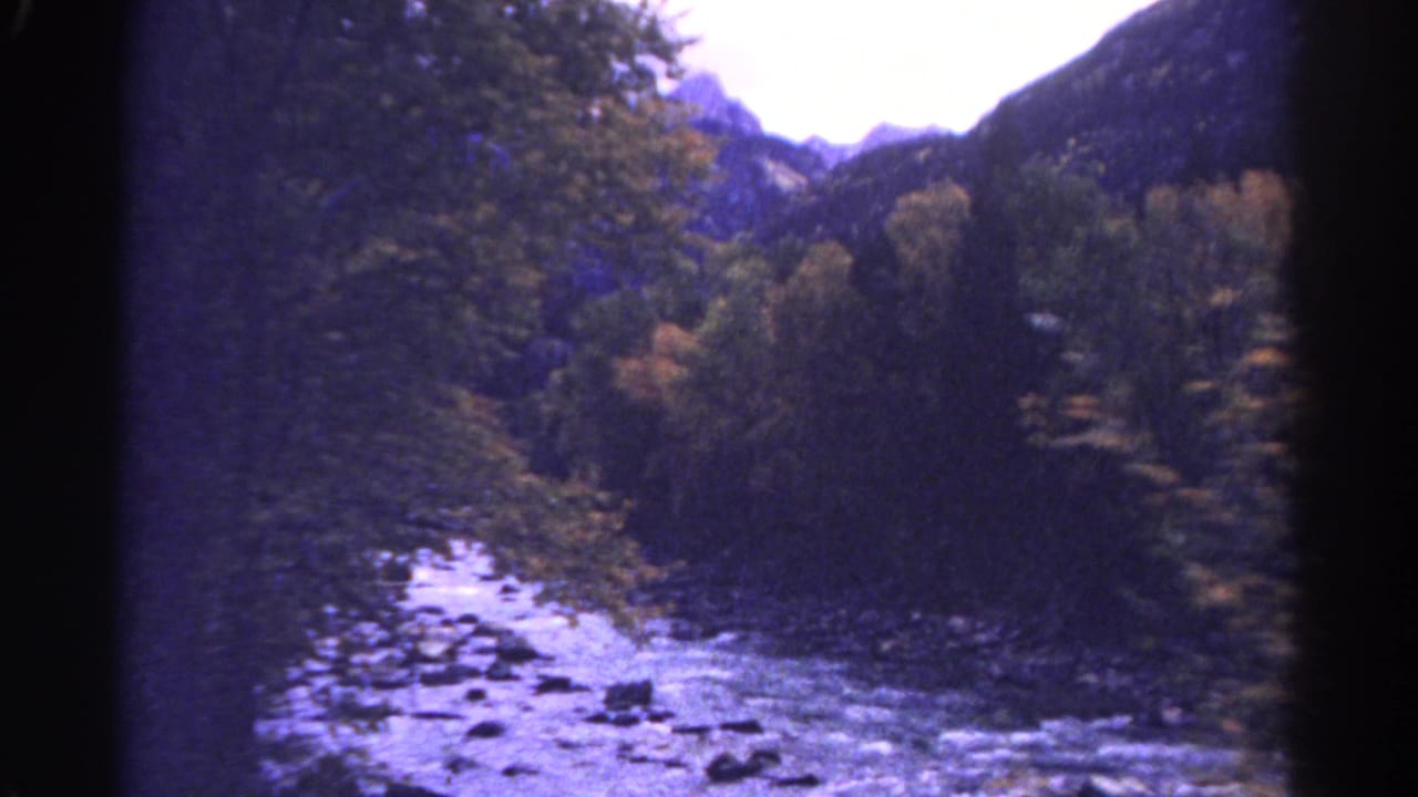 Creek bends through a wooded valley with rocks in the water.