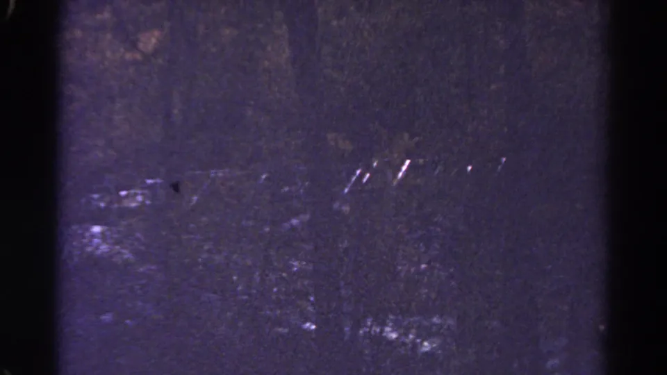 1967 Colorado 8mm frame with a shadowed river channel, scattered rapids highlights, and dense woodland texture.