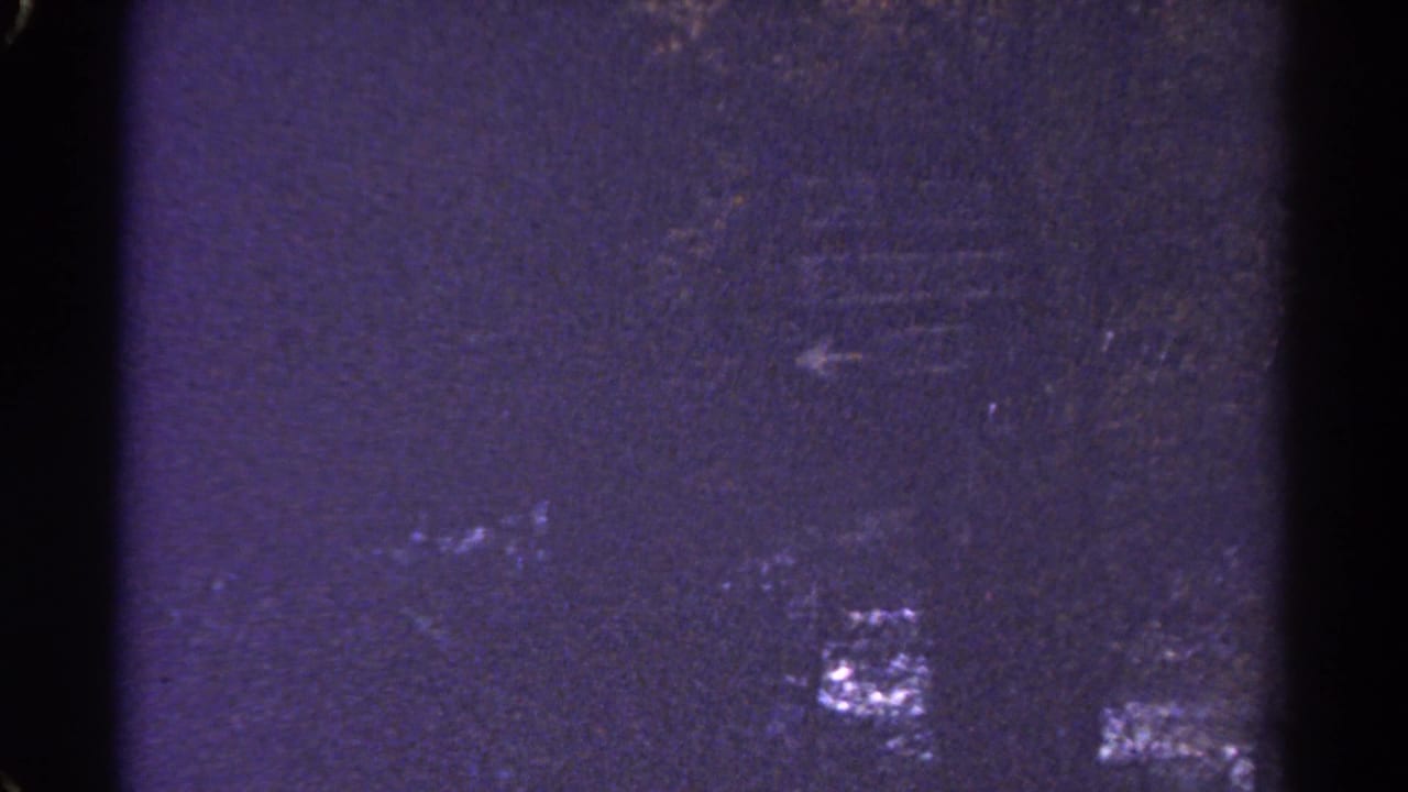 Dim purple-tinted river view with faint shoreline and film wear.