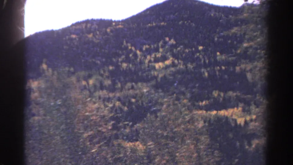 1967 Colorado landscape frame with a wooded ridge, autumn-toned trees, and a dark window or film-edge band in the foreground.