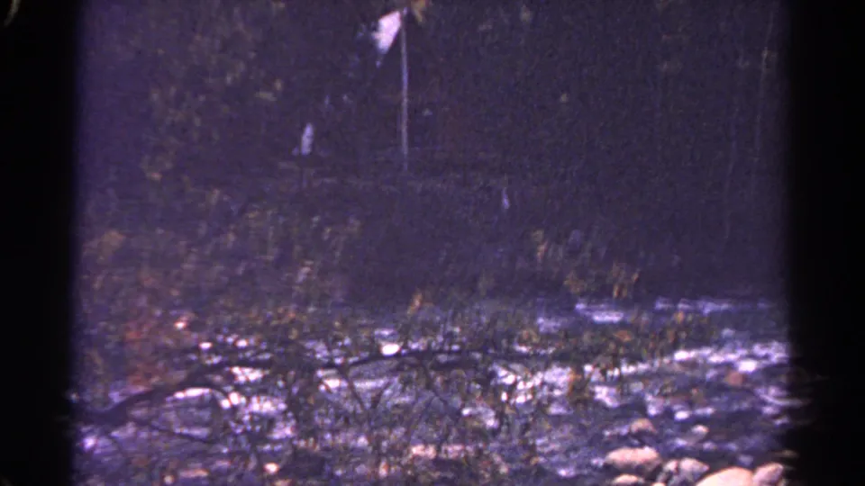 1967 Colorado 8mm frame of a dark wooded stream, rocky foreground, brush, and a pale flag-like marker in the distance.