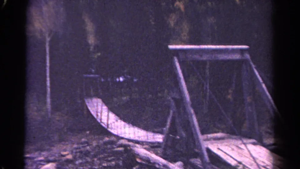 The 8mm frame shows the bridge from the side, emphasizing curved railing, rough planks, and the shadowed Colorado forest setting.