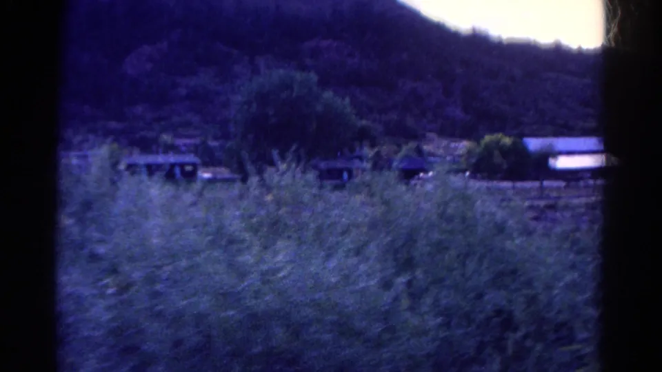 1967 Colorado home-movie view across tall grass toward wooded hills and small rural structures under shifted blue color.