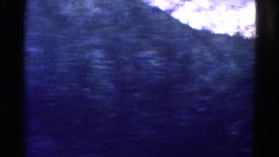 Blue-shifted 1967 Colorado 8mm frame showing motion-blurred grass, trees, and hillside during a handheld camera move.