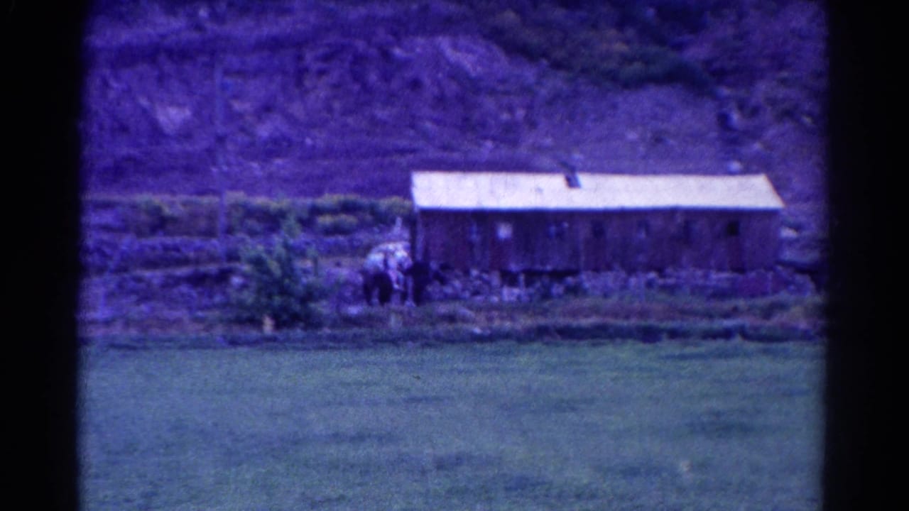 Long wooden farm building beside green pasture with hillside behind it.