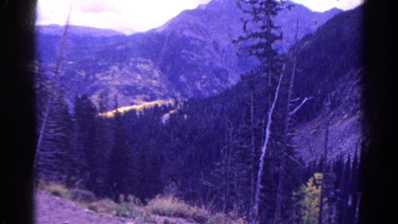 Mountain valley with evergreen forest, rocky slopes, and dark 8mm frame edges.
