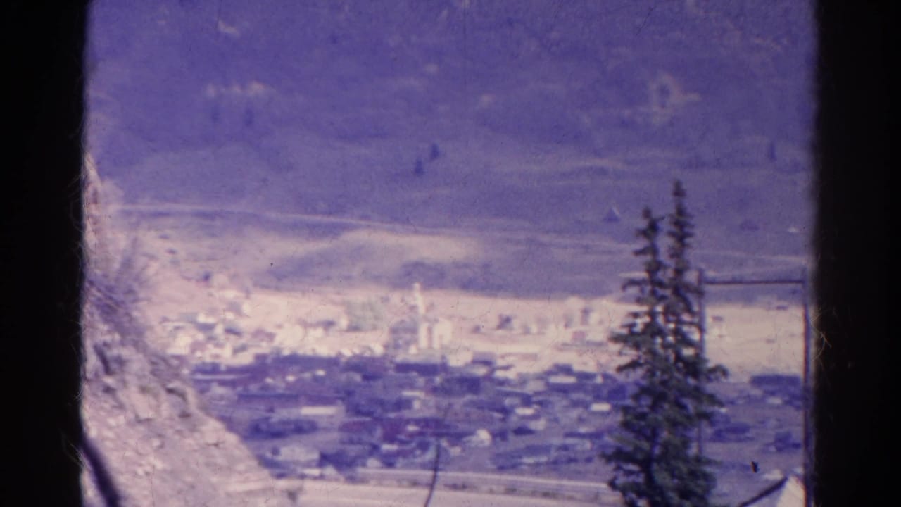 Small snowy valley town seen from an elevated overlook with an evergreen tree in front.