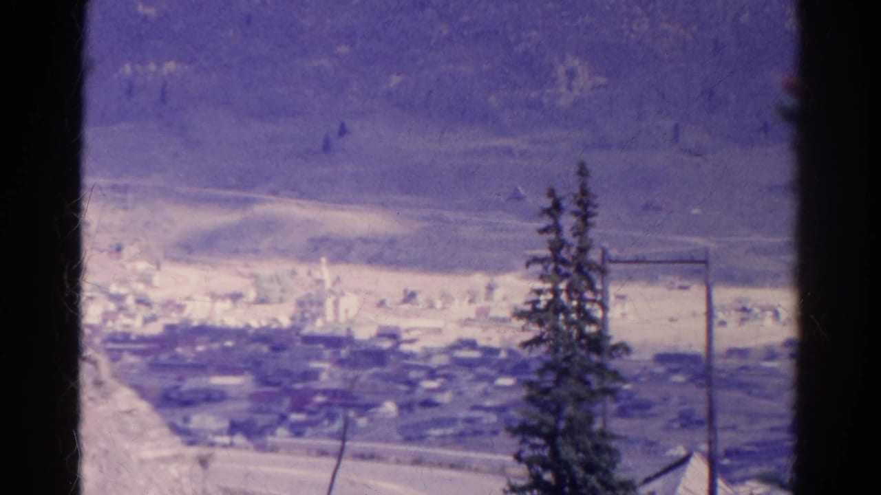 Mountain valley town with snowy slopes, evergreen trees and a utility pole in the foreground.