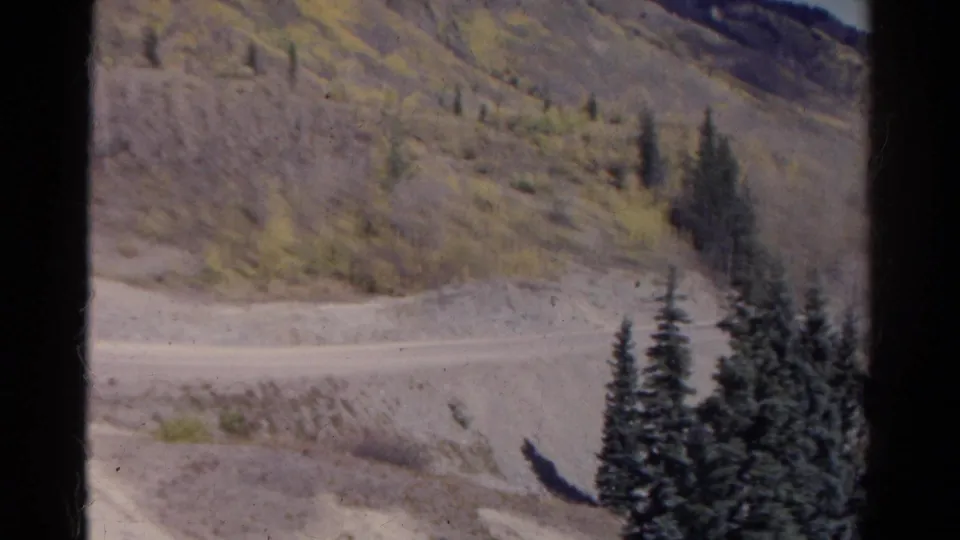 1967 Colorado Super 8 view from a moving vehicle, looking past foreground evergreens toward a dirt road and autumn-colored mountain slope.