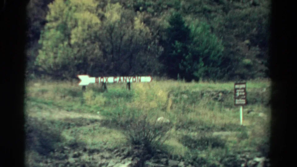 1967 Colorado roadside view with the Box Canyon arrow sign, a smaller dark sign, meadow grass, shrubs, and wooded background.