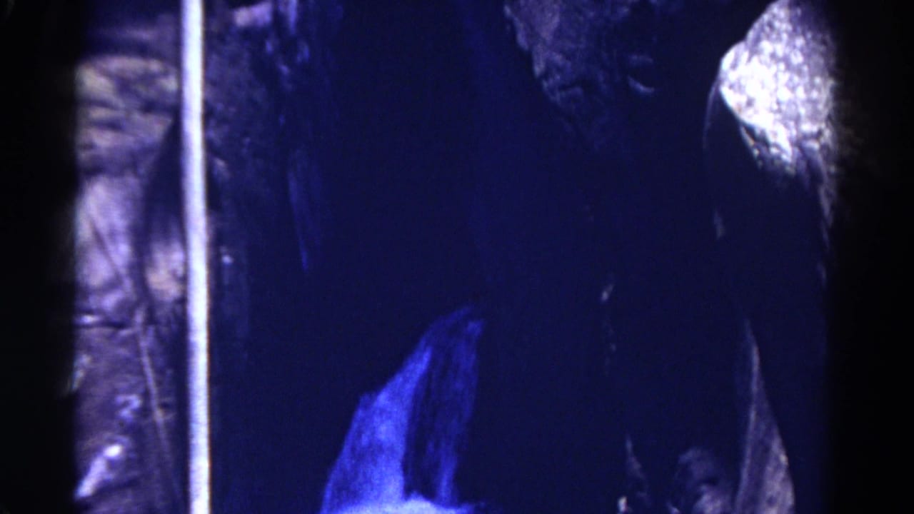Blue-lit cave rock wall with dark shadows and a pale vertical edge.