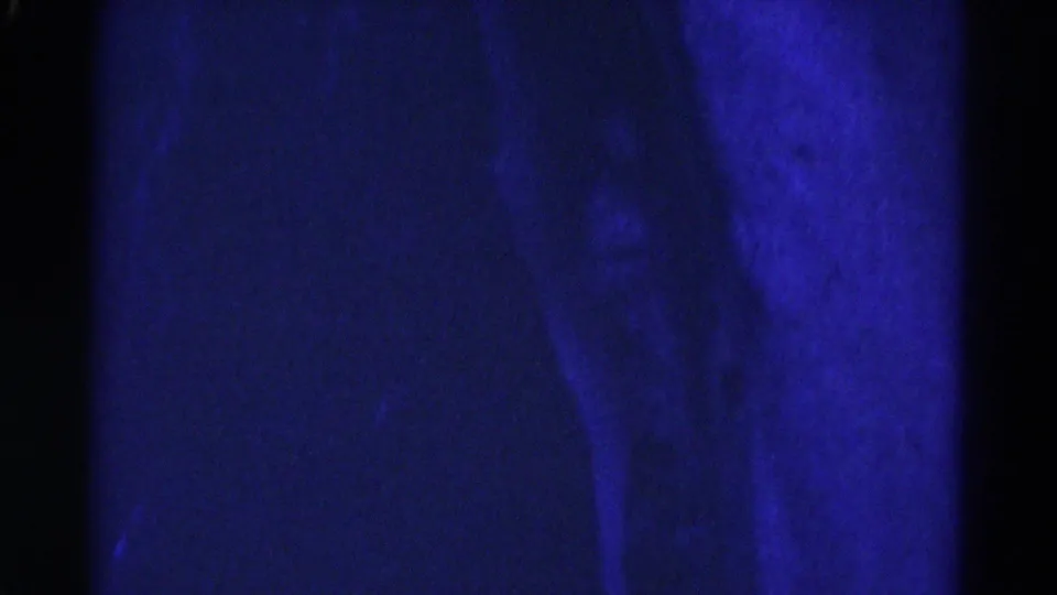 1967 Colorado 8mm frame showing a soft blue-lit cave interior with indistinct rock forms and a dark central vertical shadow.