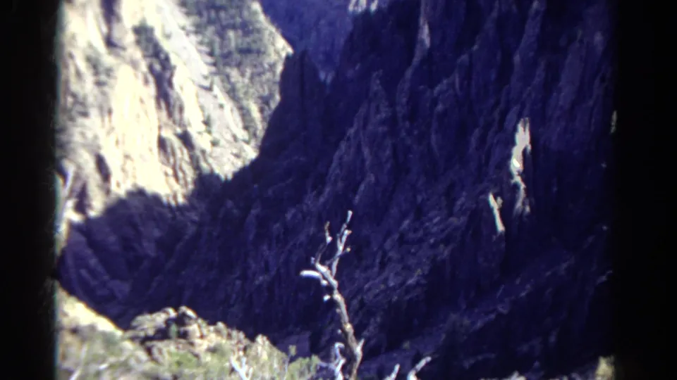 1967 Colorado 8mm frame showing a shadowed canyon wall, bright rock edge, scrub vegetation, and a pale bare branch near the bottom.
