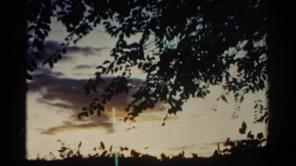 1967 Colorado 8mm frame with silhouetted leaves around blue-gray clouds and orange light near the horizon.